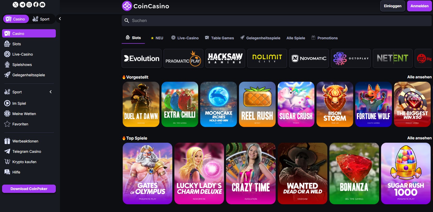 CoinCasino Webseite mit verschiedenen Online Casino Spielen. Die Seite zeigt Kategorien wie Slots, Live-Casino, Spielshows und Gelegenheits-Spiele. Vorgestellte Spiele wie Duel at Dawn, Extra Chilli und Gates of Olympus sind sichtbar, begleitet von Logos bekannter Spielanbieter wie Evolution und Pragmatic Play.