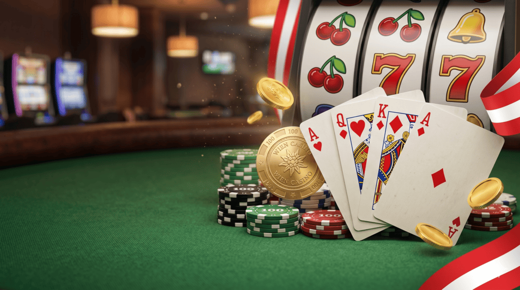 Ein detailreiches Bild mit Spielkarten, bunten Pokerchips, glänzenden Goldmünzen und einem Spielautomaten mit Österreich-Flagge, das die spannende Welt der besten online casinos Österreich perfekt visuell darstellt.