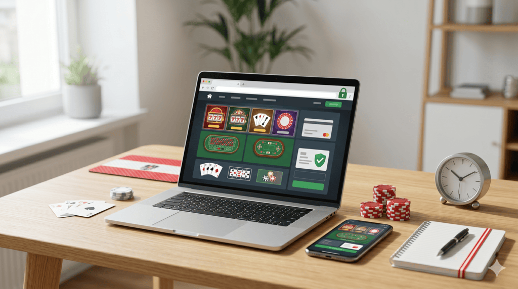 Ein offener Laptop und ein Smartphone auf einem aufgeräumten Holzschreibtisch zeigen eine Benutzeroberfläche für sichere online casinos Österreich, umgeben von Casino-Chips, Spielkarten und einem Notizblock.