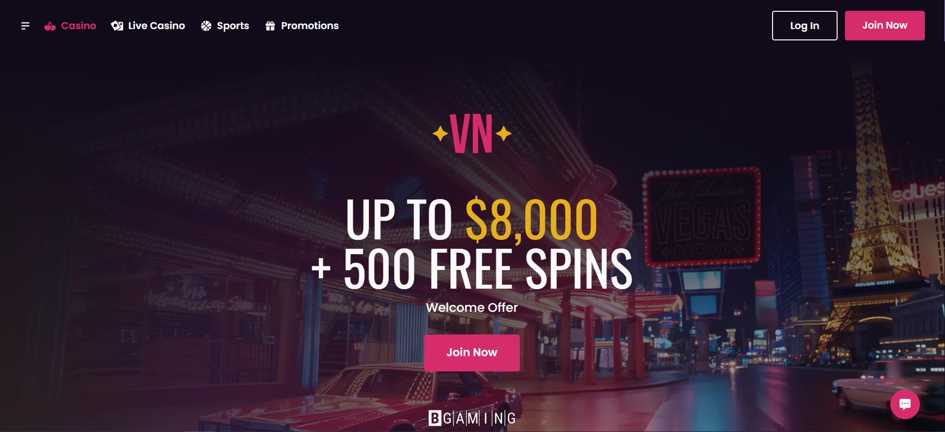 Screenshot einer Online-Casino-Startseite mit Neon-Las-Vegas-Hintergrund, Willkommensbonus bis 8.000 $ und 500 Freispiele; ideal für sportwetten Österreich Nutzer und übersichtlichen Login- sowie Join-Now-Buttons.